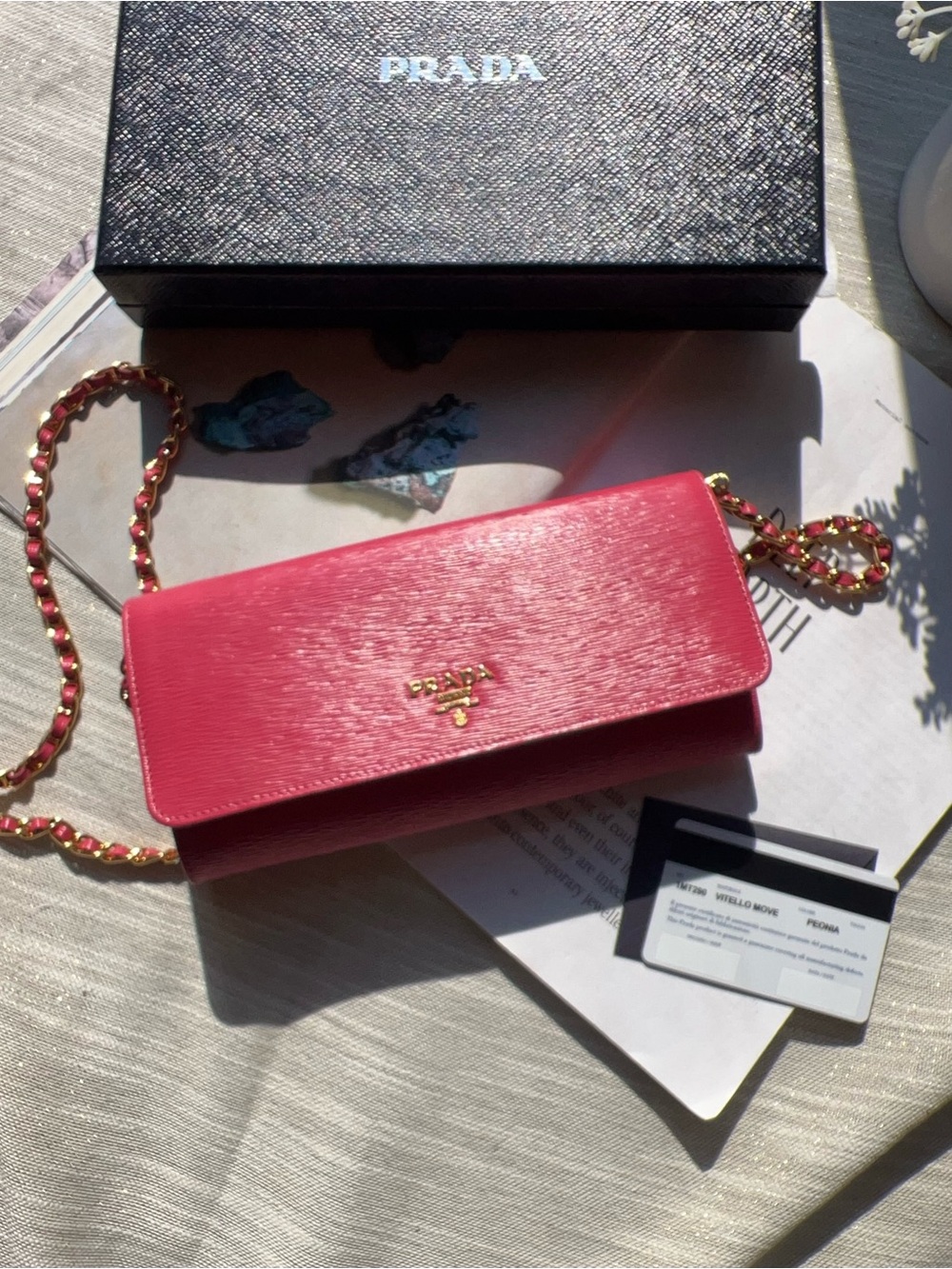 Prada Lacca Red Vitello Move Leather Chain Wallet Crossbody